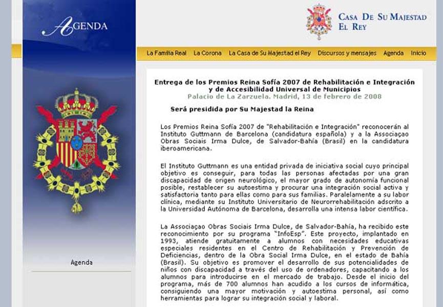 Site da Casa Real Espanhola, com a notcia do Prmio para o Programa InfoEsp